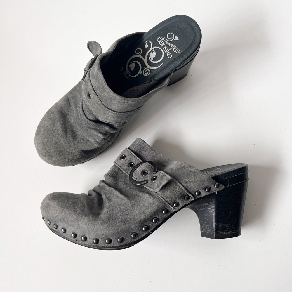 Vintage Y2K Dansko Clog Mules 39 8.5 Grey Suede Studded Heeled Boho Hippie Indie - Picture 1 of 9